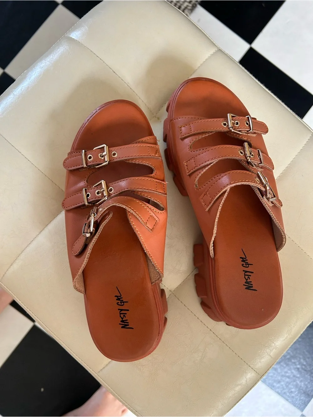 Nasty Gal Triple Buckle Platform Slides - Cognac Brown